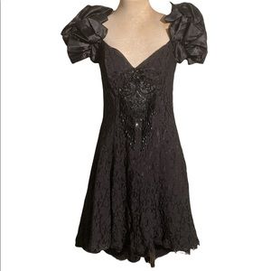 Steppin' Out Vintage 80's Coctail Dress Lace Black Puffy Sleeve Size 9